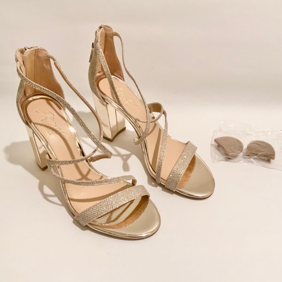BADGLEY MISCHKA Gale Glitter Gold Strap Sandals Block Heel Pumps Dress Shoes 6.5 - Picture 4 of 10